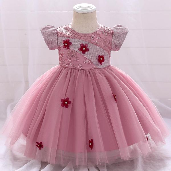 

girl's dresses summer short sleeve baptism dress 1 year birthday for baby girl lace clothing flower party princess child clothes, Red;yellow