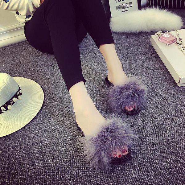 

nice fur slide flip flops women ostrich feather home slippers female sweet fenty wedges sandals beach pantufa platform chinelo, Black