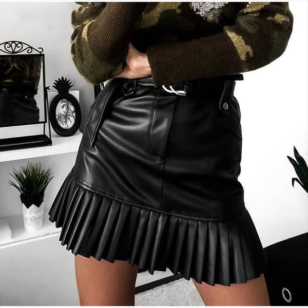 

leather mini pleated belt womens skirts high waist a line party female autumn winter clothes streetwear patchwork, Black