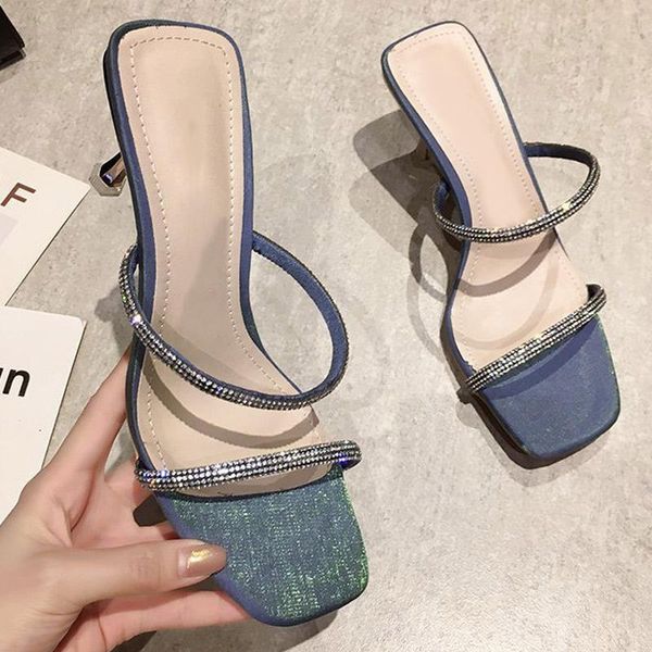

women slip on crystal sandals slippers ladies fashion thin heels shoes female square toe party summer slipper woman footwear, Black