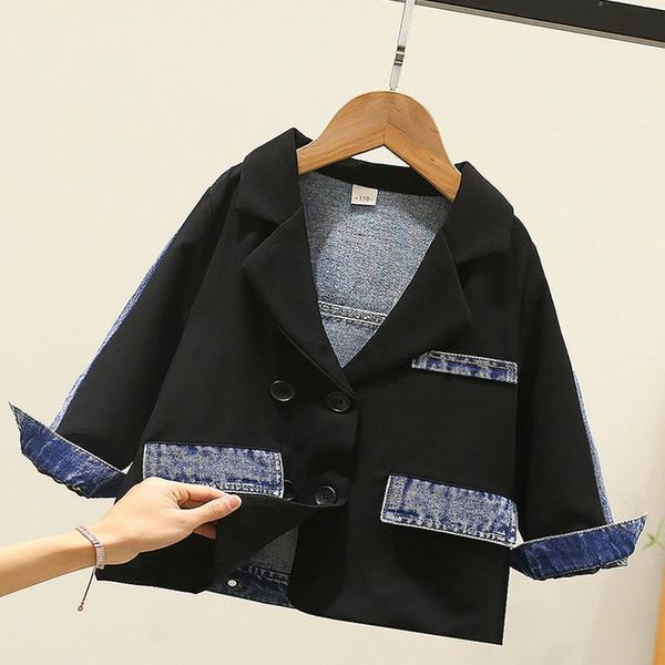 

jackets dx03566 girls stitching black suit denim jacket, Blue;gray