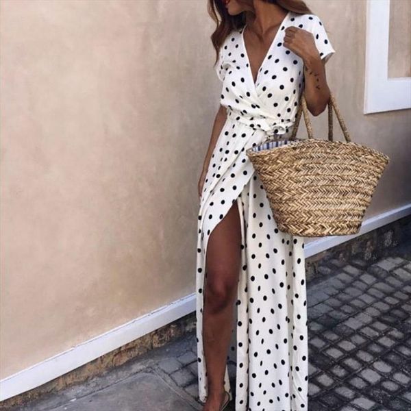 

summer beach party women dress deep v polka dot slits short sleeve maxi, Black;gray