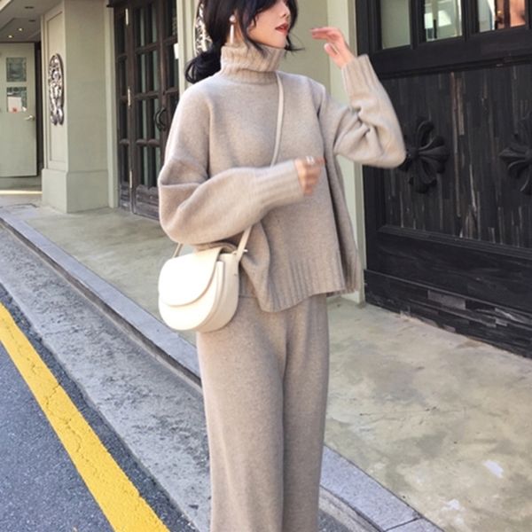 

korean casual sweater two women outfits turtleneck pullover & long pants autumn winter knitted 2 piece set lw4w, Blue