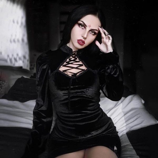 

casual dresses greygem gothic mini for women 2021 puff sleeve autumn winter patchwork velvet elegant vantage black ladies clothing, Black;gray