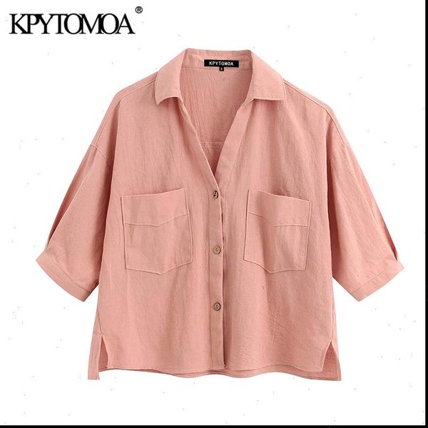

kpytomoa women shirt fashion pockets cropped linen blouses vintage lapel collar short sleeve side vents female shirts chic, White