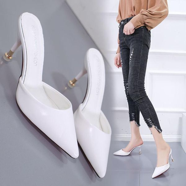 

slippers soft leather clip toe women summer square sandals stiletto heels ladies dress shoes, Black