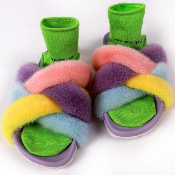 

slippers natural fur slides women real mink ladies flat-with, Black