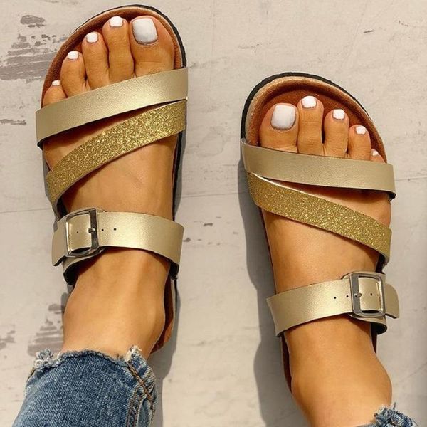 

slippers summer woman shoes bling pu leather flat open toe roma beach sandals ladies slides big size gold silver flip flops, Black