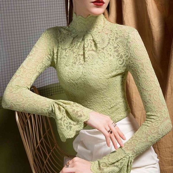 

lace long sleeve turtleneck womens shirts bell blusas mujer de moda, White