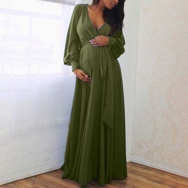 Mulheres grávidas de outono vestidos maternidade em v-pescoço comprido manga comprida ruffles frenulum vestido de festa sexy 4 cor q0713