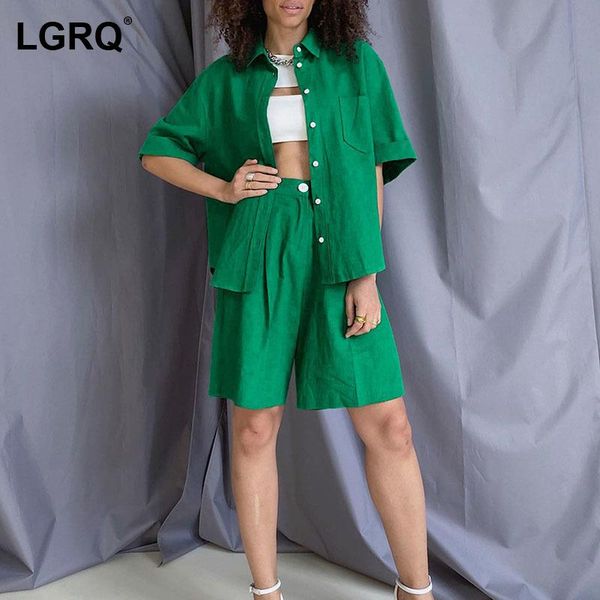 

women's tracksuits [lgrq] wide leg green shorts casual two piece suit turn down neck short sleeve fit women fashion spring autumn 2021, Gray