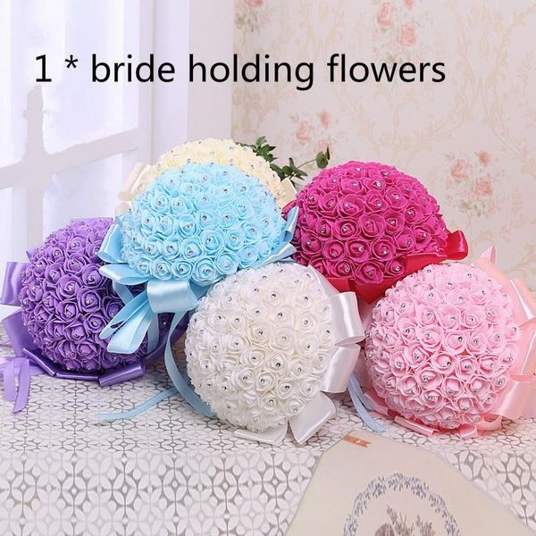 

decorative flowers & wreaths 1pcs handmade water diamond simulation rose wedding bride holding bouquet ribbon accessories