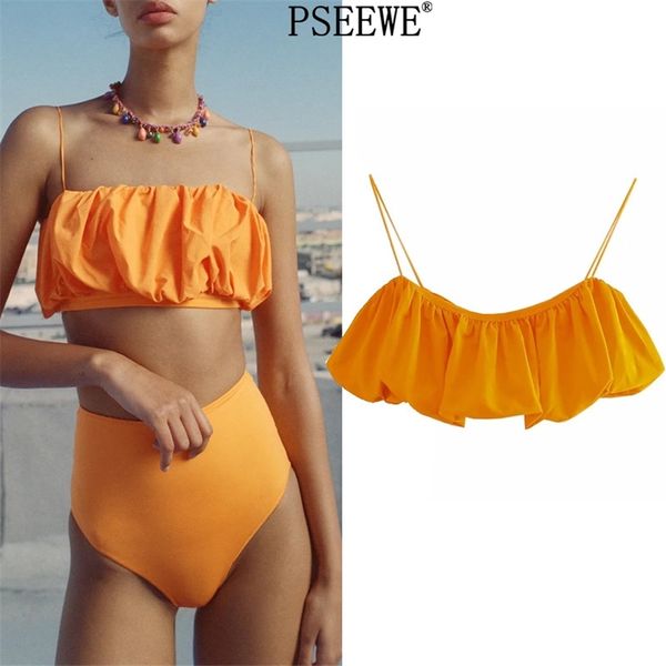 Crop Top Frau Orange Bandeau Bikini Sommer Frauen Plissee Ärmel Tanks Camis Puffy Effekt Sexy Strand Tragen 210519