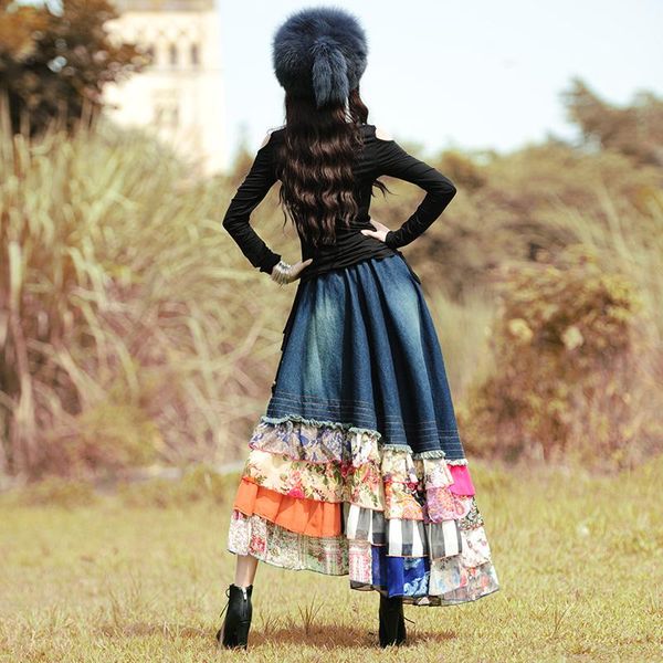 

original design autumn women vintage&retro bohemia rustic denim chiffon patchwork novelty asymmetrical long skirt skirts, Black