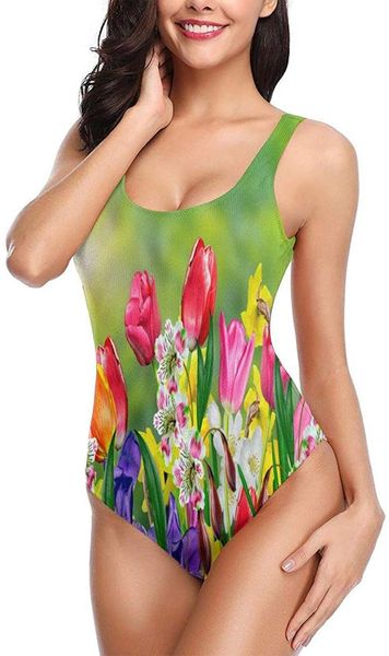 

womens one piece bathing suits monokini swimsuits teen girls cute spring flowers daffodils and tulips one-piece