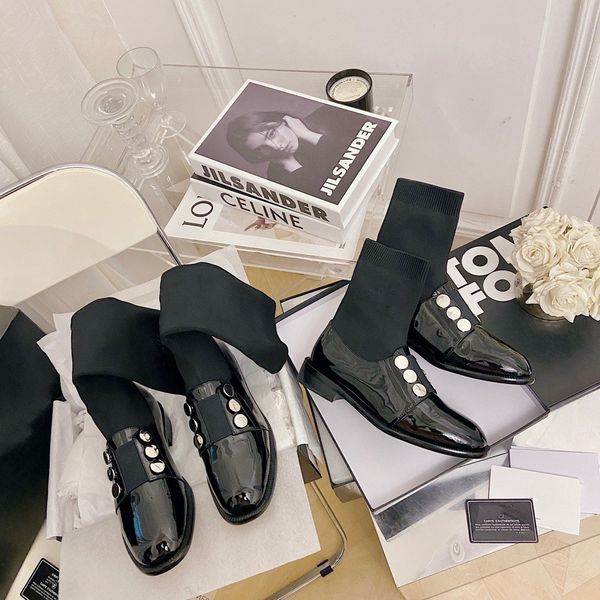 

stocking designer boots women autumn and winter loafers british style small leather shoes patent leather high booties short boot stretch siz, Black