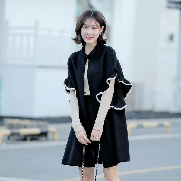 

women's wool & blends spring fashion double faced coat for women loose and long woolen jackets streetwear butterfly sleeve, Black