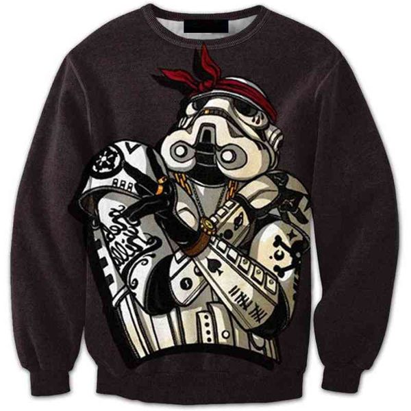 

men's 3d battle robot printed long sleeve pullover tide brand men's sweater, Black
