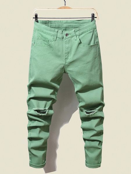 

men ripped raw trim tapered jeans 76gr#, Blue