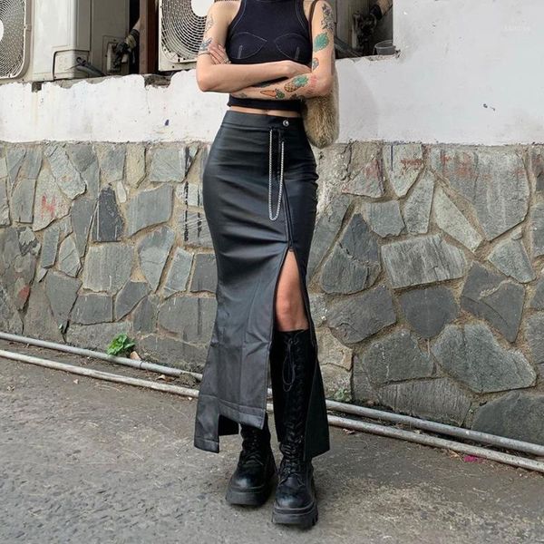 

skirts spring women pu faux leather split high waist wrapped hip skirt casual fashion long bodycon female clothes, Black