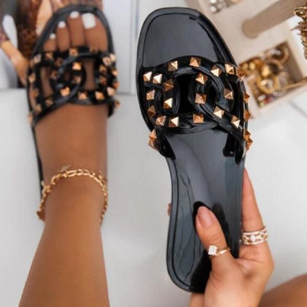 

summer women flat slippers beach flip flops open toe rivet sandals roman ladies shoes casual female outdoor slides, Black