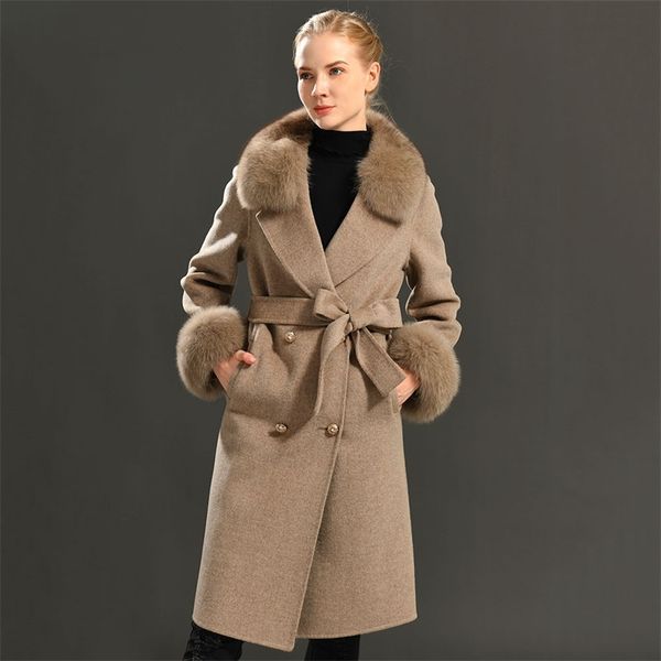 

women's wool coat spring real fur collar woolen jacket adjustable waist slim ladies long overcoat 211106, Black