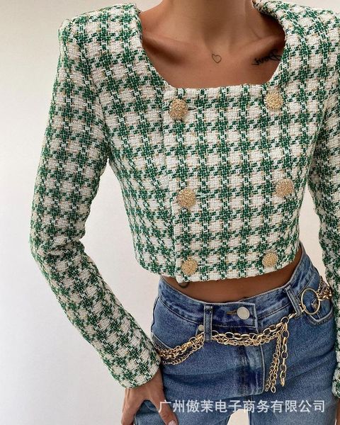 

women's jackets 2021 autumn long sleeve green checkered short coat top, Black;brown