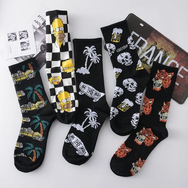 

men's socks 5 pairs funny men cotton casual personality design hip hop streetwear happy for woman big size, Black