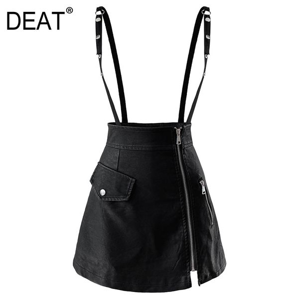 

black strap skirt women short temperament high waist a-line with belt pu leather for spring and summer gx819 210421