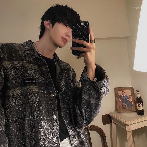 

men's jackets 2021 retro printed denim jacket casual wild cashew flower trend handsome men, Black;brown