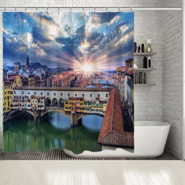

shower curtains curtain bridge ponte vecchio in florence, italy at sunrise cloudy sky riverside buildings city panorama blue gray green