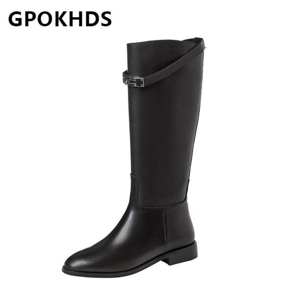 

boots gpokhds 2021 women knee-high cow leather winter short plush round toe med heels female motorcycle size 39, Black