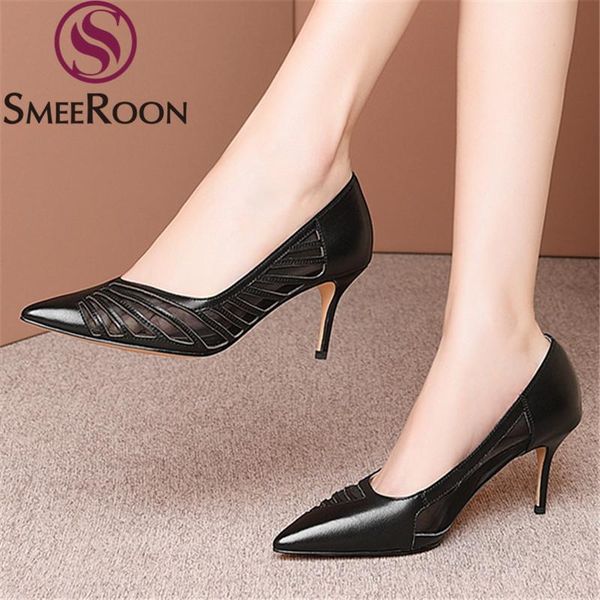 

dress shoes smeeroon 2021 brand elegant women pumps genuine leather shallow stiletto high heels pointed toe ladies, Black