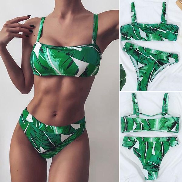 

women's swimwear 2-pieces bikini set rainforest print beachwear female swimsuit high waist women, White;black