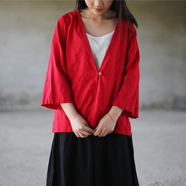 

women's blouses & shirts johnature solid color and women vintage loose summer v-neck seven sleeve casual 1fpk, White