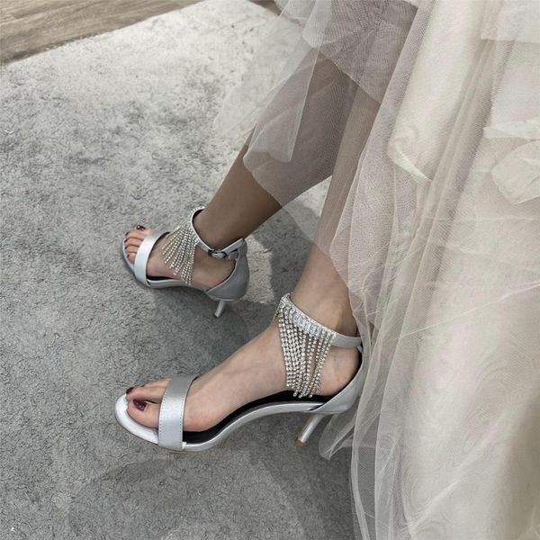 

dress shoes summer the open toe sandals a word women's tassel rhinestone stiletto high heels fashion, Black