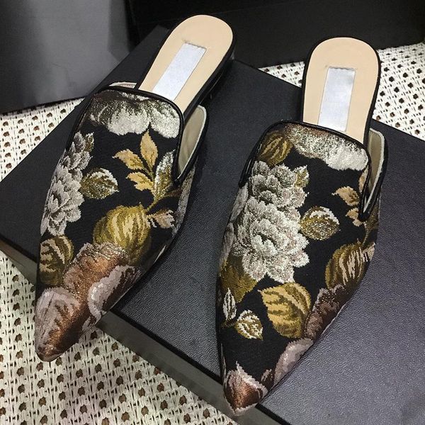 

slippers 2021 spring arrival flat women ethnic style flower embroider pointy toe shoes half covered slides brand mules, Black