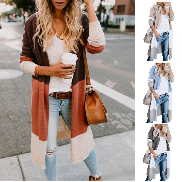 

women's trench coats autumn and winter casual long sleeve tri-color stitching cardigan clothing. women coat windbreaker, Tan;black