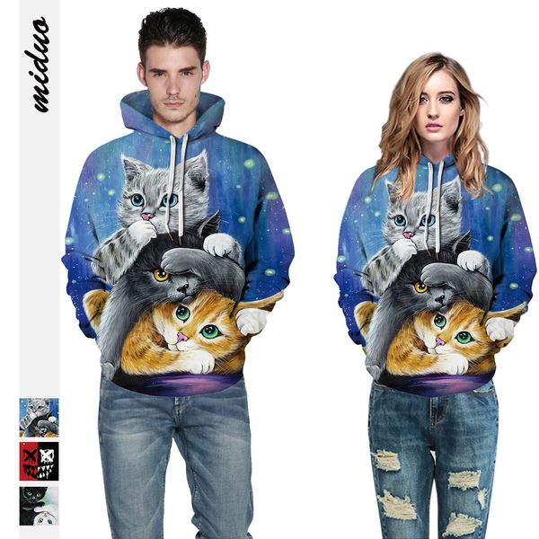 

cat digital printing men's and women's fashion hooded sweater autumn long sleeve coat new product, Black