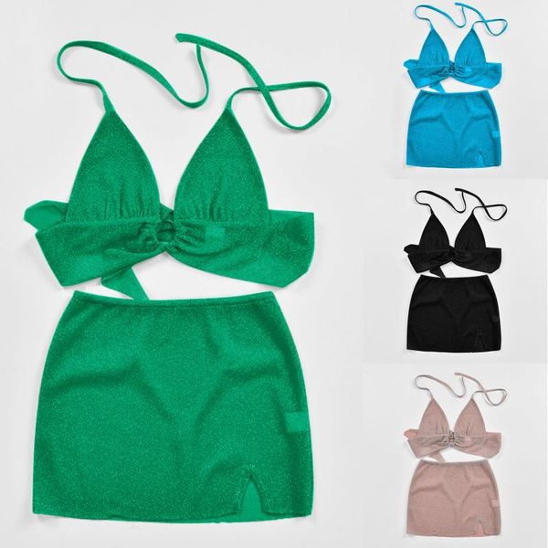 

women's tracksuits beach dress outfits fashion shiny backless navel lace up perspective bright silk female suit ensemble femme #t2g, Gray