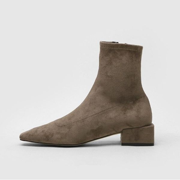 

boots ankle autumn winter shoes pointed toe stretch suede sock women chunky heels female slip on lady, Black