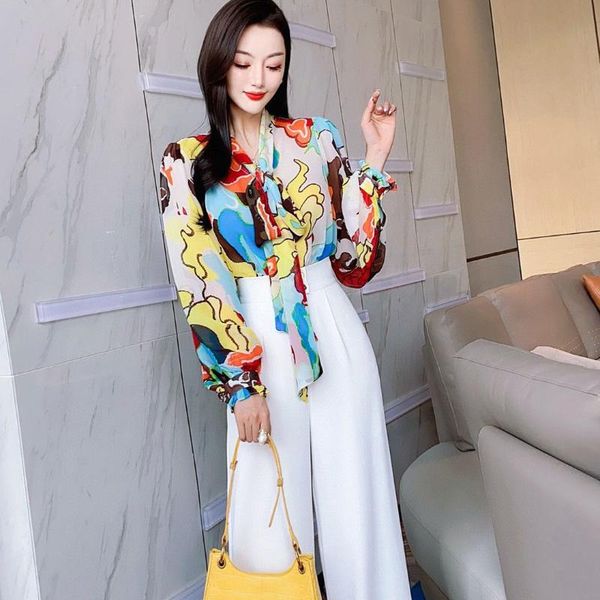 

women's two piece pants 2021 women spring summer casual loose 2 set lace up print shirt + high waist wide leg pant suit lady elegant ch, White