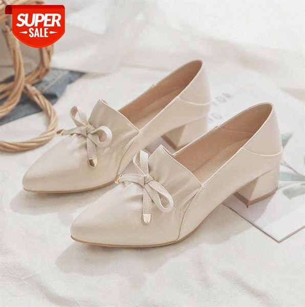 

pointed toe shoes, british style high heels, women's thick bow small leather mid-heel loafers #te1l, Black