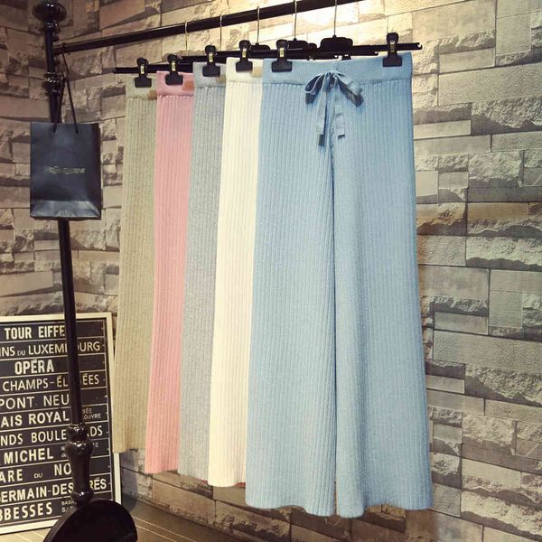 

skirts women's winter cashmere drape thick knitted wide-leg pants loose sashes ankle length casual trousers pink blue 573l, Black