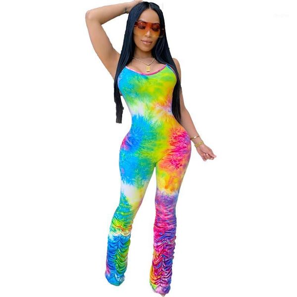 Jumpsuits das Mulheres Macacões Verão 2021 Jumpsuit Tie-Dye Imprimir Pleated Street Sexy Nightclub Party