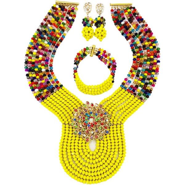 

earrings & necklace muticolors opaque yellow crystal costume nigerian african wedding beads jewelry necklaces set bridal sets 8pd11, Silver
