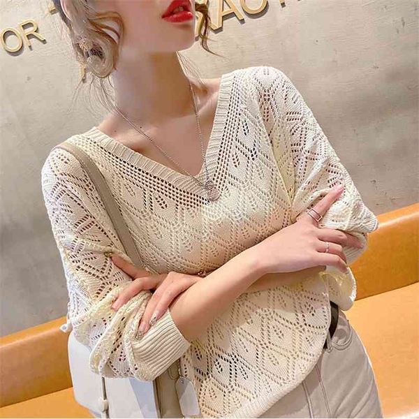 

v-neck hollow knit sweater women's spring and autumn loose three-quarter sleeve bat shirt 210427, White;black