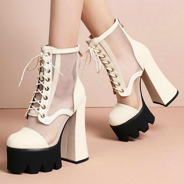 

flock leather black women ankle boots high heels shoes punk platform back lace-up spring summer mesh 15cm