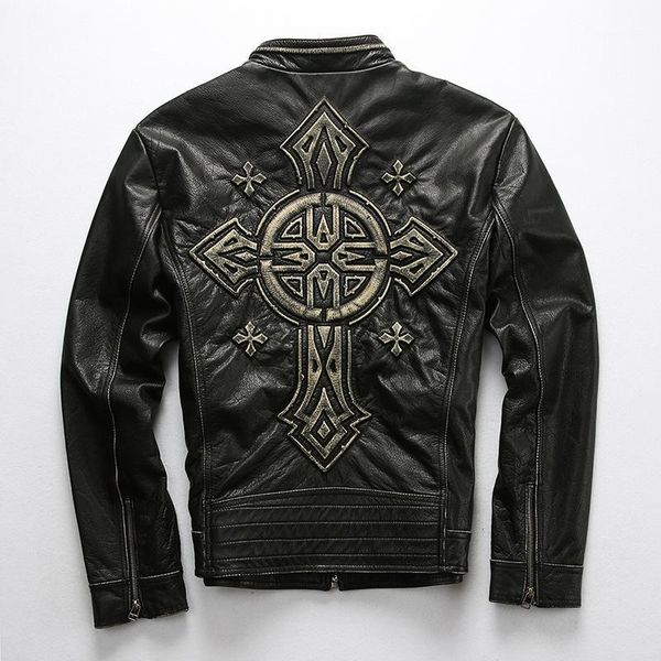 

men's leather & faux factory 2021 men motorcycle jacket fahion 3d print back cross thick cowhide slim fit jackets winter coats, Black