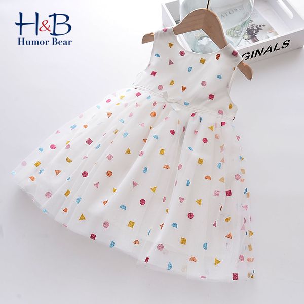 

girl's humor bear girls sleeveless dresses new summer geometric printed sweet mesh kid princess party dress 3-8y c0223, Red;yellow